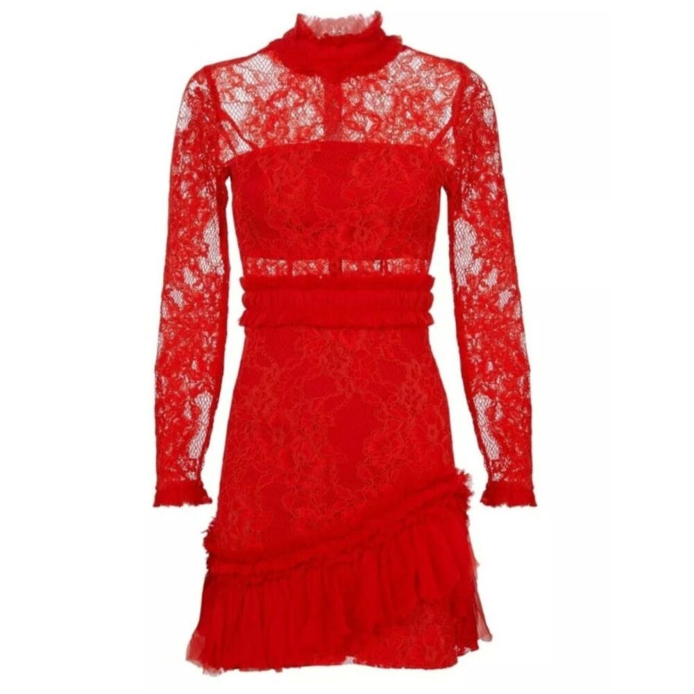 Alexis Wilhemina Red Lace Silk Ruffle Dress Size XS